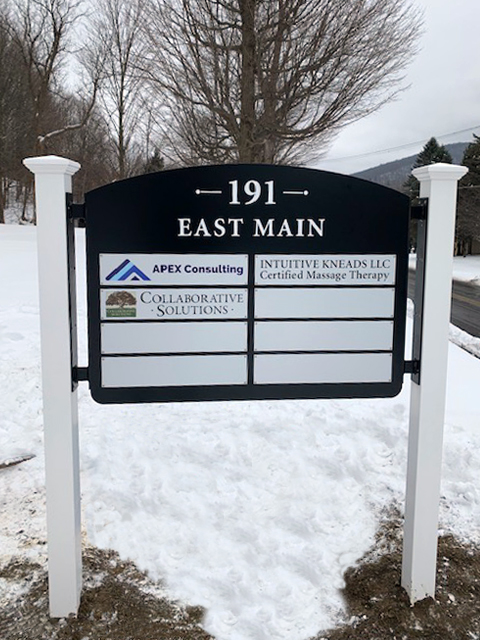 191 East Main Aluminum Directory Sign Outdoor business sign for 191 East Main listing Apex Consulting, Intuitive Kneads LLC, and Collaborative Solutions.