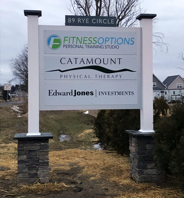 Aluminum Composite Sign A sign displays Fitness Options, Catamount Physical Therapy, and Edward Jones Investments at 89 Rye Circle.