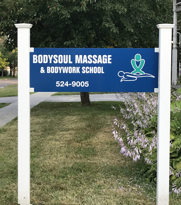 Aluminum Composite Sign A sign for Bodysoul Massage & Bodywork School with a phone number, posted on a lawn near a sidewalk and plants.