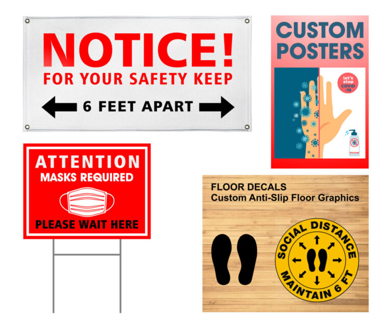 COVID Signs A collage of signs and posters promoting social distancing, mask use, and custom safety graphics.