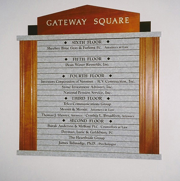 Gateway Square Directory Directory plaque for Gateway Square listing businesses and attorneys by floor, from sixth to first.
