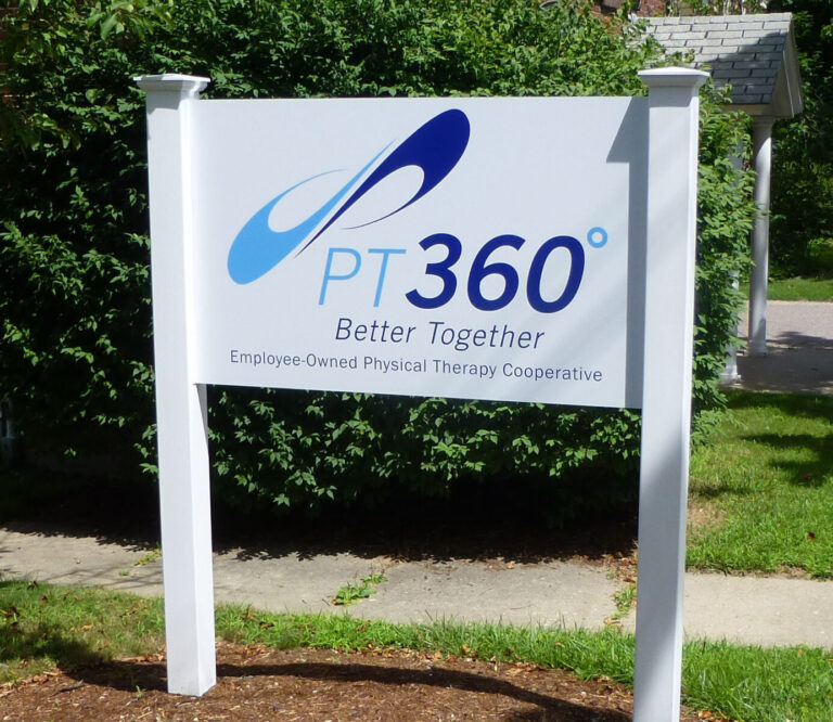 Aluminum Composite Sign A sign reads "PT360° Better Together, Employee-Owned Physical Therapy Cooperative" with a blue logo above the text.
