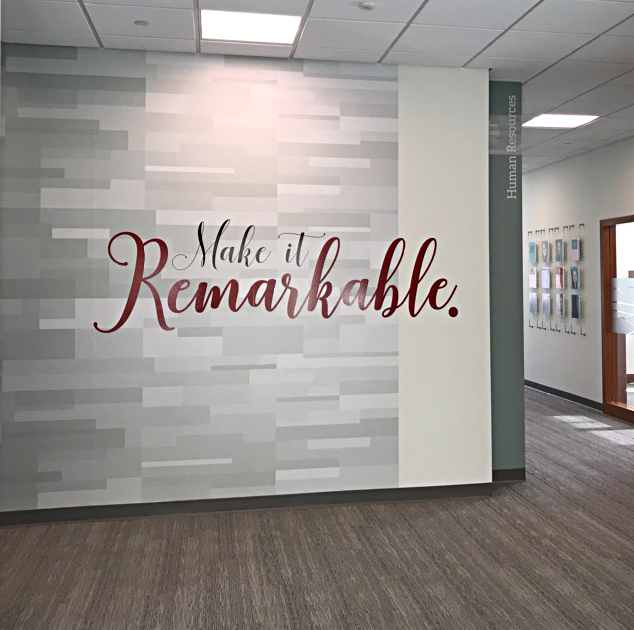 Digital Printed Wall Graphic Office wall with the words "Make it Remarkable" in cursive lettering, near a hallway labeled Human Resources.