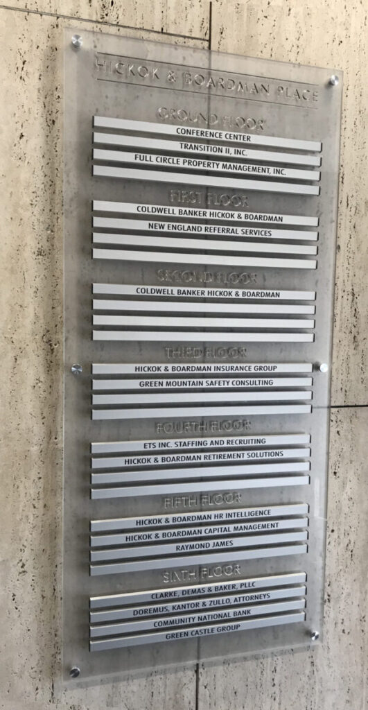 Hickory Boardman Palace Directory Building directory sign listing businesses and offices located on each floor of Hickok & Boardman Place.