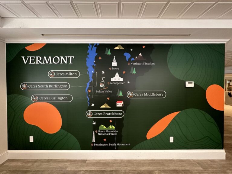 Ceres Digital Printed Wall Graphic Wall mural map of Vermont highlighting Ceres locations, towns, landmarks, and the Green Mountain National Forest.