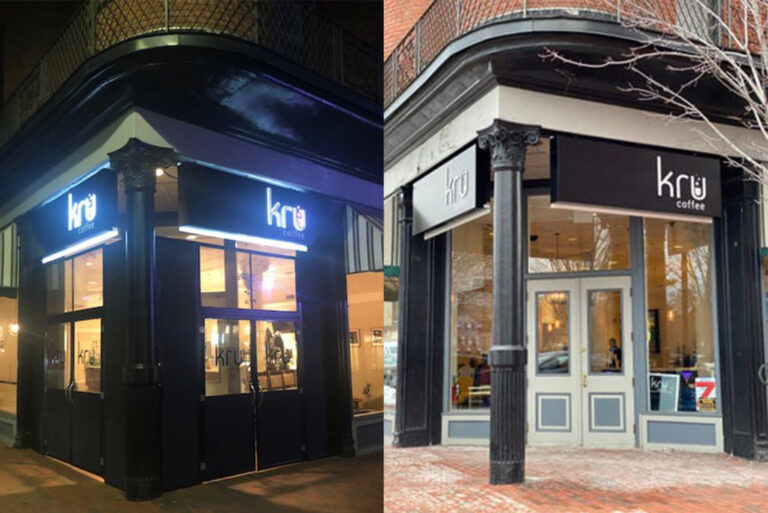 Kru Coffee Side-by-side photos show the exterior of a coffee shop named "kru coffee" during night and day.