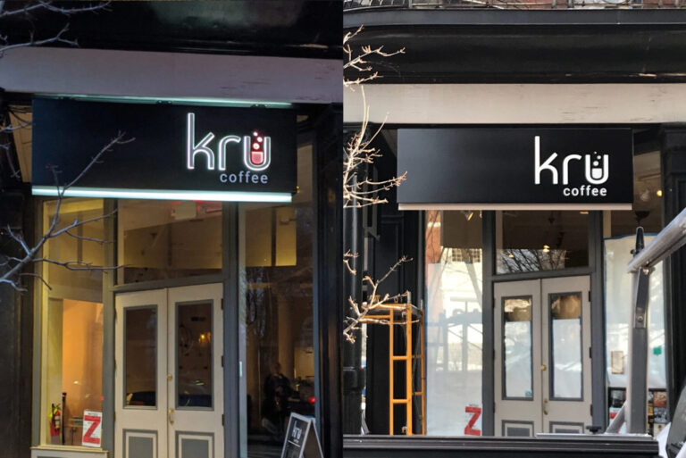 Kru Coffee Side-by-side images of a "krü coffee" shop storefront with two different black signs above white double doors.