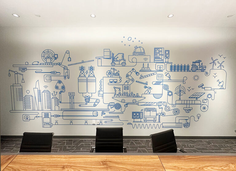 Onlogic Vinyl Wall Graphic Conference room with three chairs and a wall mural depicting industrial and agricultural machinery in blue line art.