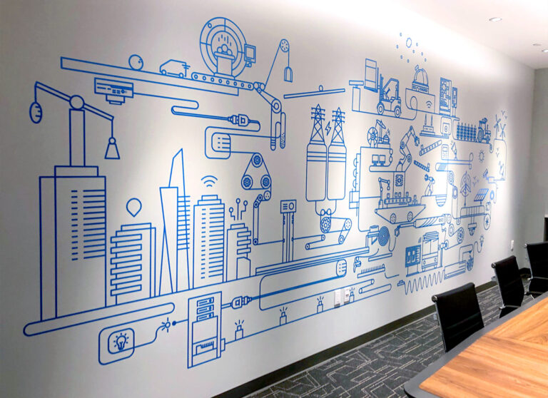 Onlogic Vinyl Wall Graphic A white wall features a blue line-art mural depicting various industrial and cityscape elements in a conference room.
