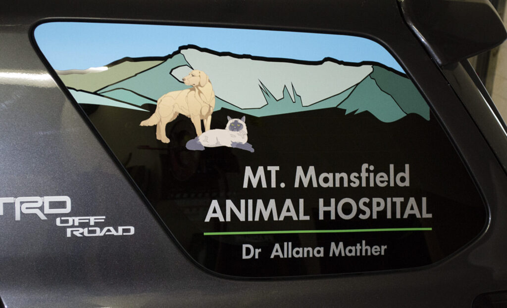 MT Animal Hospital MT. Mansfield Animal Hospital decal with illustrations of a dog and a cat on a vehicle window, mountains in background.