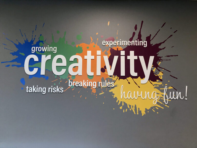 Custom Raised Acrylic Lettering Wall art with colorful paint splashes and words: creativity, growing, experimenting, taking risks, breaking rules, having fun.