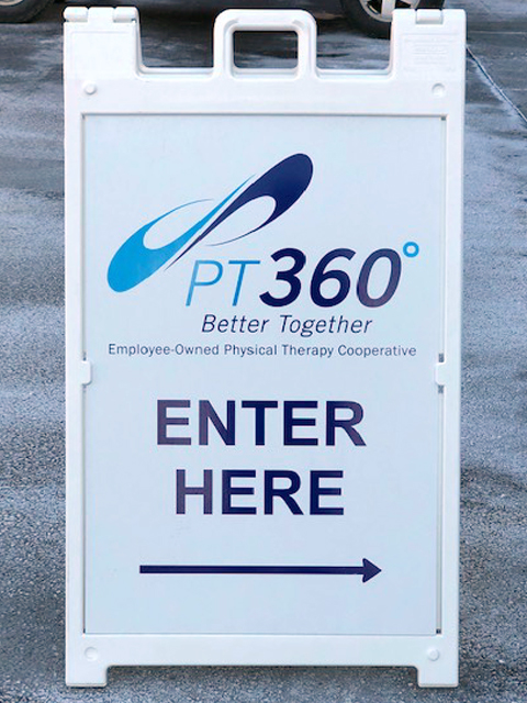 PT 360 Signage A sign reads "PT360 Better Together, Enter Here" with a right arrow, indicating the entrance to a physical therapy clinic.