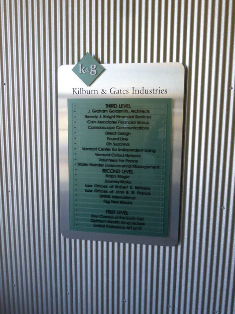 Custom Glass & Aluminum Directory Metal plaque listing businesses and organizations located on three levels at Kilburn & Gates Industries building.