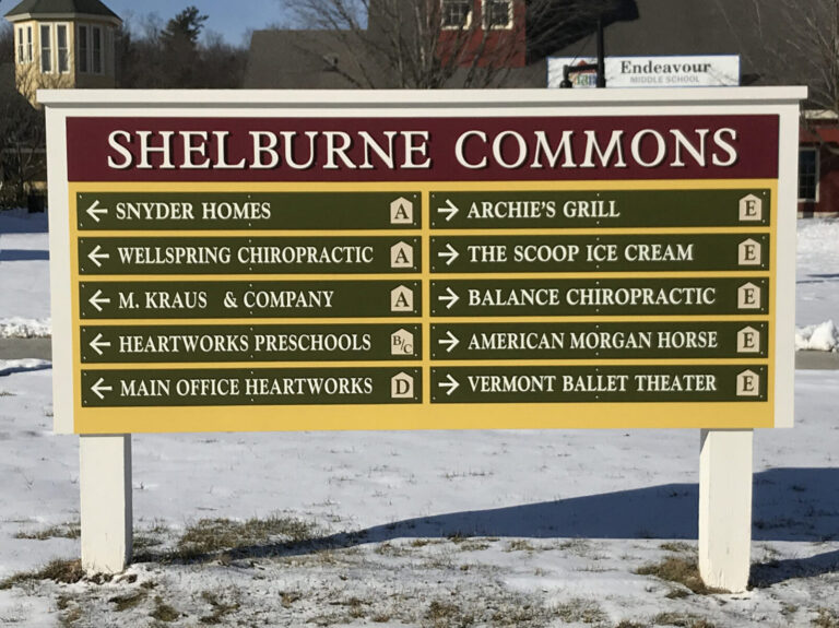 Shelburne Exterior Directory A directory sign for Shelburne Commons lists businesses and directions, with snow on the ground in the background.