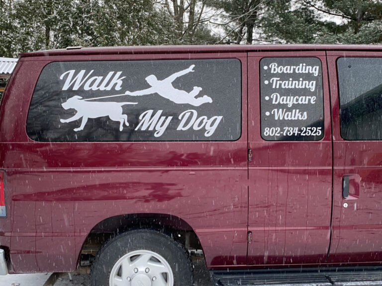 Walk My Dog Vehicle Design Maroon van with “Walk My Dog” and a graphic of a person being pulled by a dog; services and phone number listed.